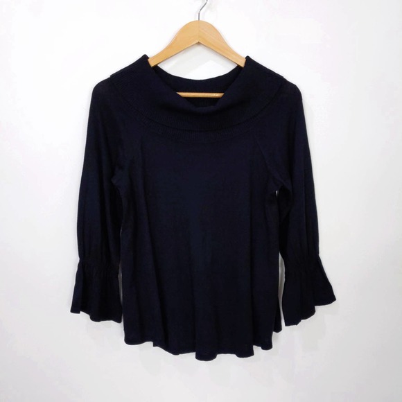 CeCe Off The Shoulder Long Sleeve Bell Cuff Sweater In Black - Picture 2 of 6